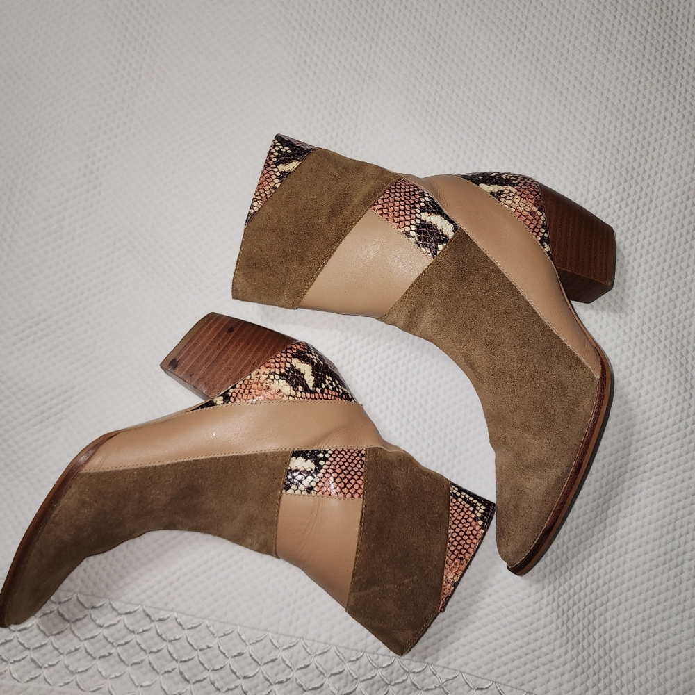 LENOX Vince Tan Suede Ankle Boots with Snakeskin Accent